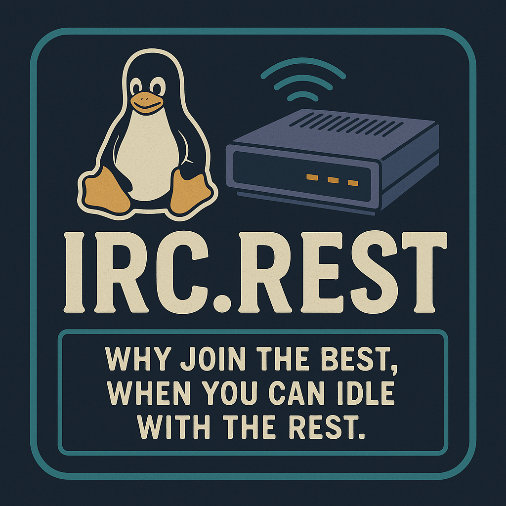 irc.rest logo showing Tux, a modem, and the motto: Why join the best, when you can idle with the rest.